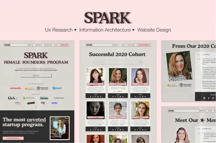 Screens from the SPARK female founders program website