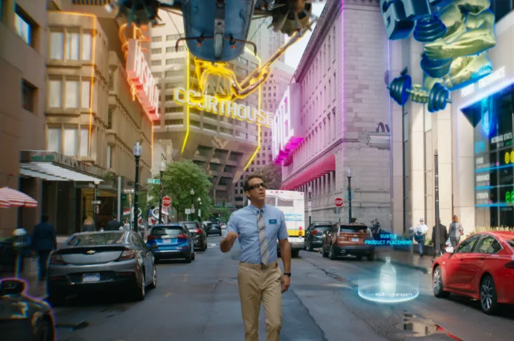 A person walking down a city street with AR navigation overlays